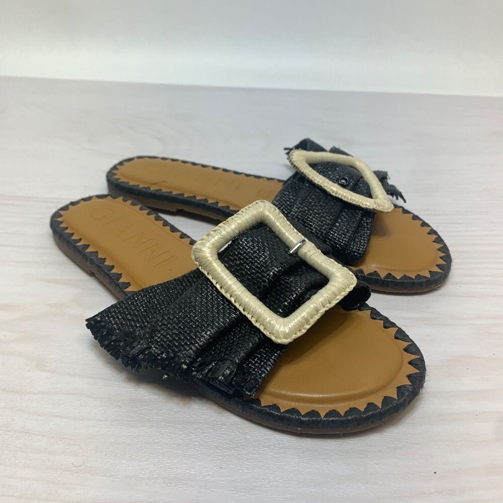 Gianni Bini Jaxson Raffia Mismatched Buckle Sandals Flats Black Women’s 6.5M‎